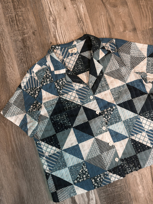 BLUE/ WHITE PATCHWORK QUILT STYLE BUTTON UP CROP