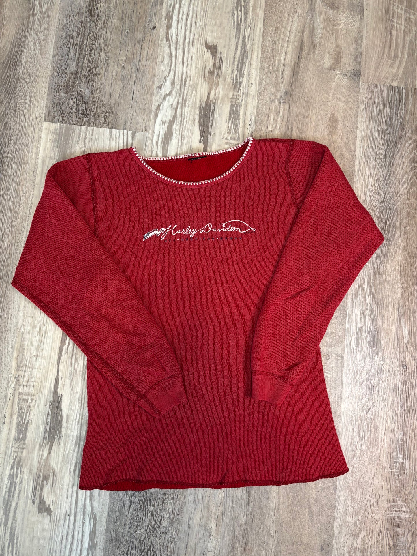 HARLEY DAVIDSON ALL AMERICAN WOMAN THERMAL LONG SLEEVED SHIRT *VINTAGE*