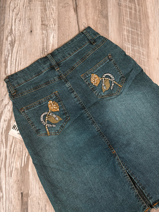 27” RHINESTONE HORSESHOE HIP JEANS DENIM SKIRT *DEADSTOCK*