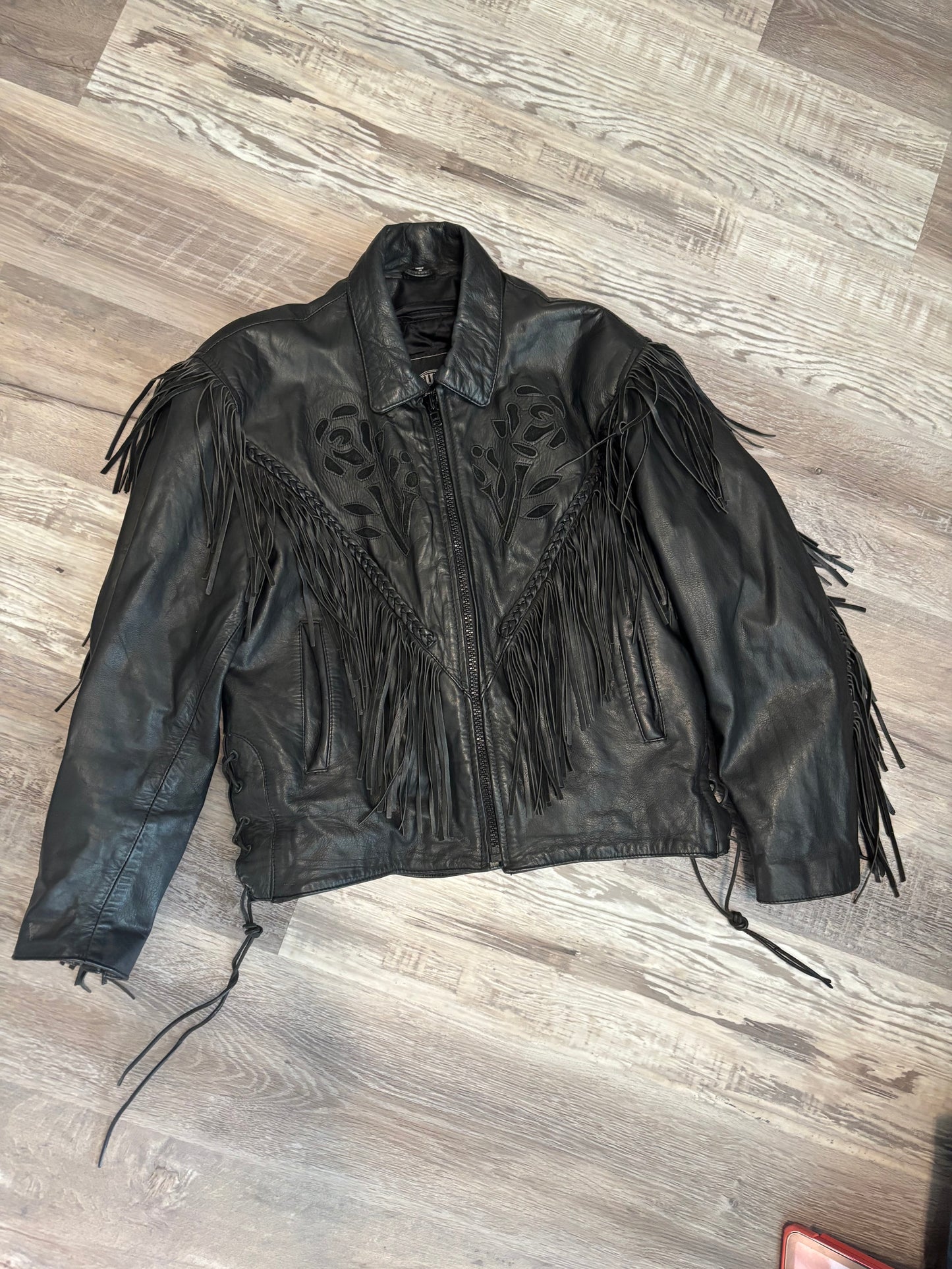 UNIK LEATHER FRINGE BLACK ROSE BIKER JACKET *VINTAGE*