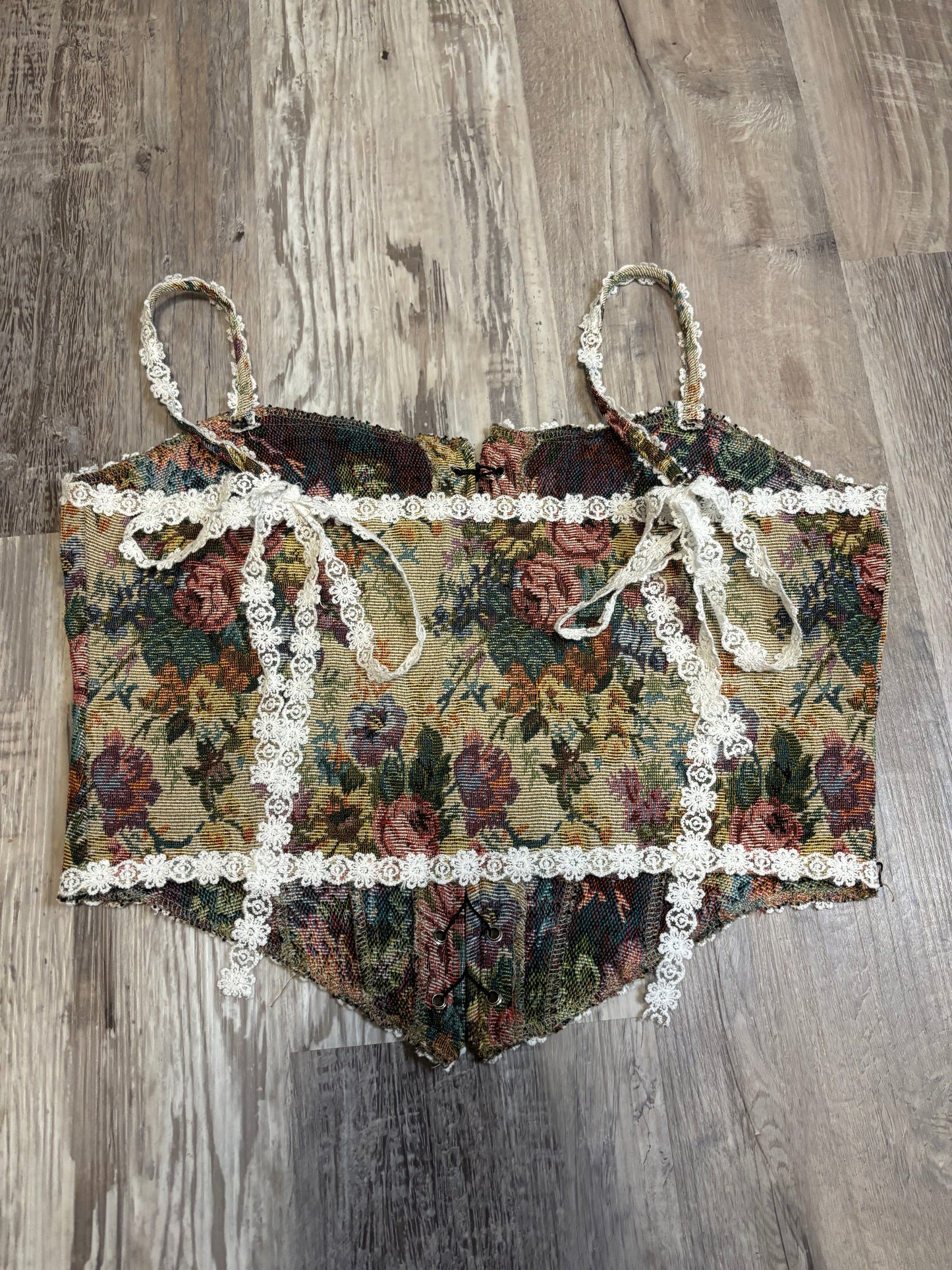 FLORAL TAPESTRY AND LACE CORSET TOP