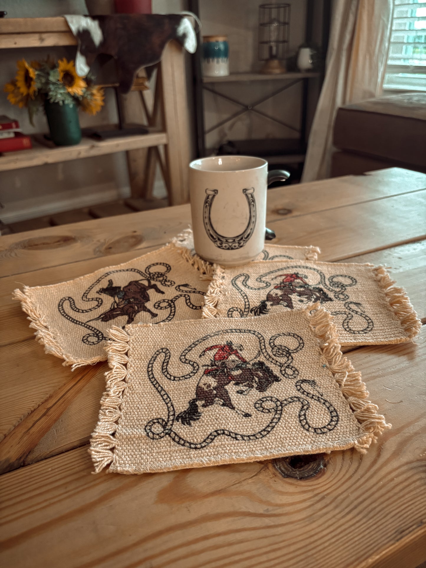 *VINTAGE* BRONC & BULL RIDER MUG RUG COASTERS