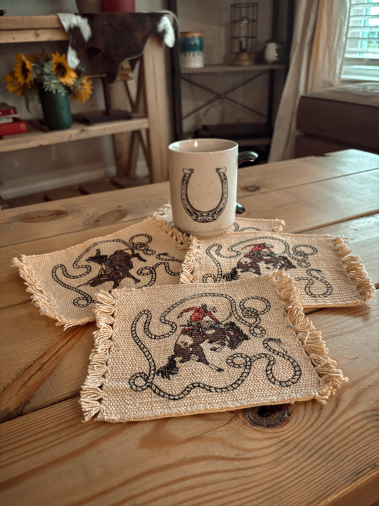 *VINTAGE* BRONC & BULL RIDER MUG RUG COASTERS