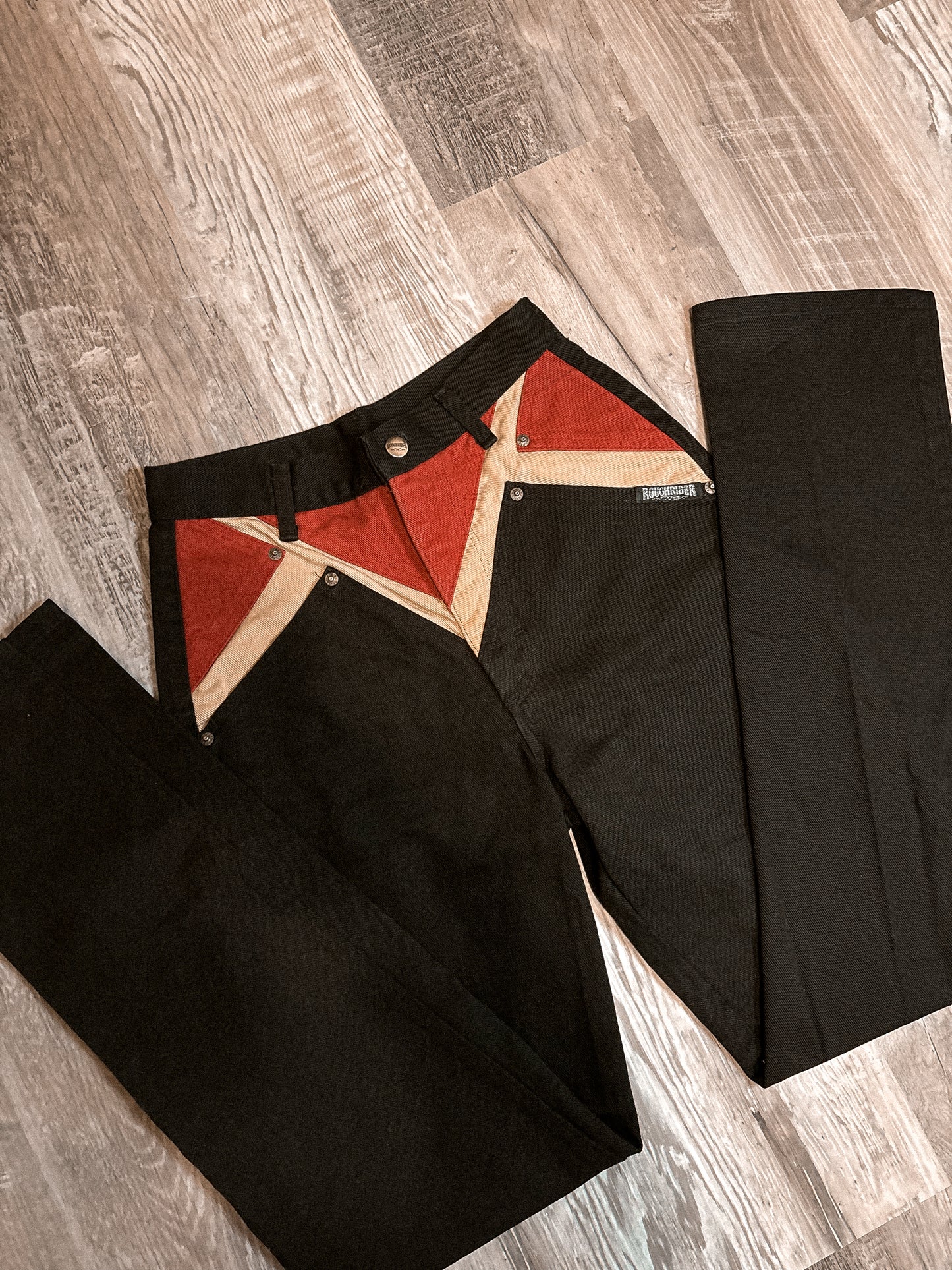 26” RARE RED/TAN/BLACK ROUGHRIDER BAREBACK JEANS *VINTAGE*