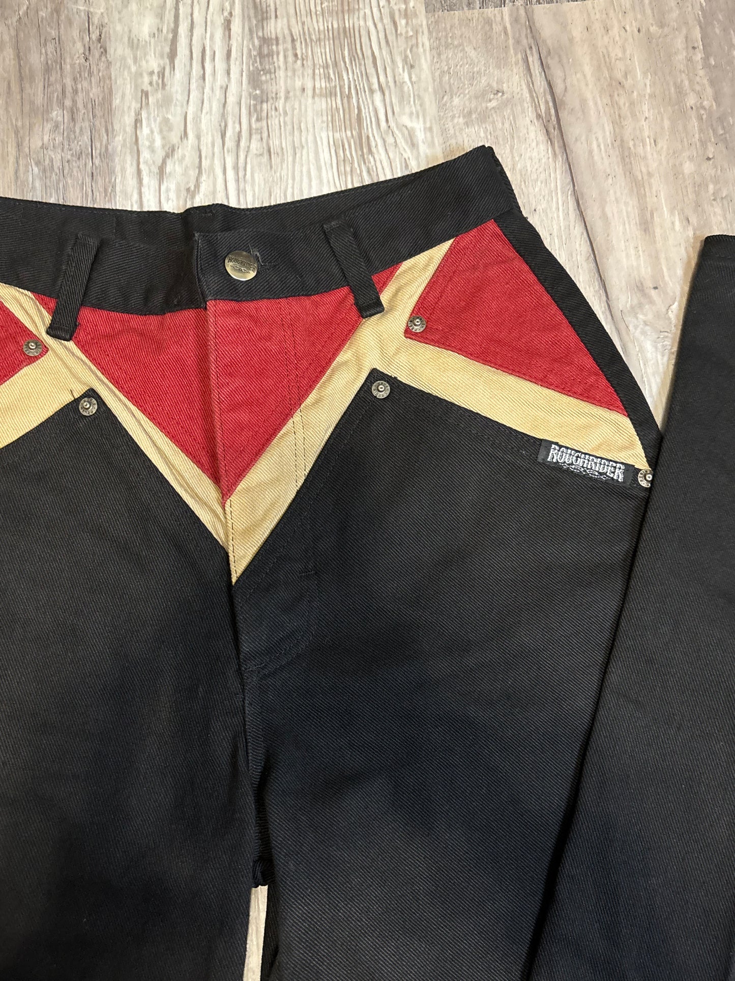 26” RARE RED/TAN/BLACK ROUGHRIDER BAREBACK JEANS *VINTAGE*