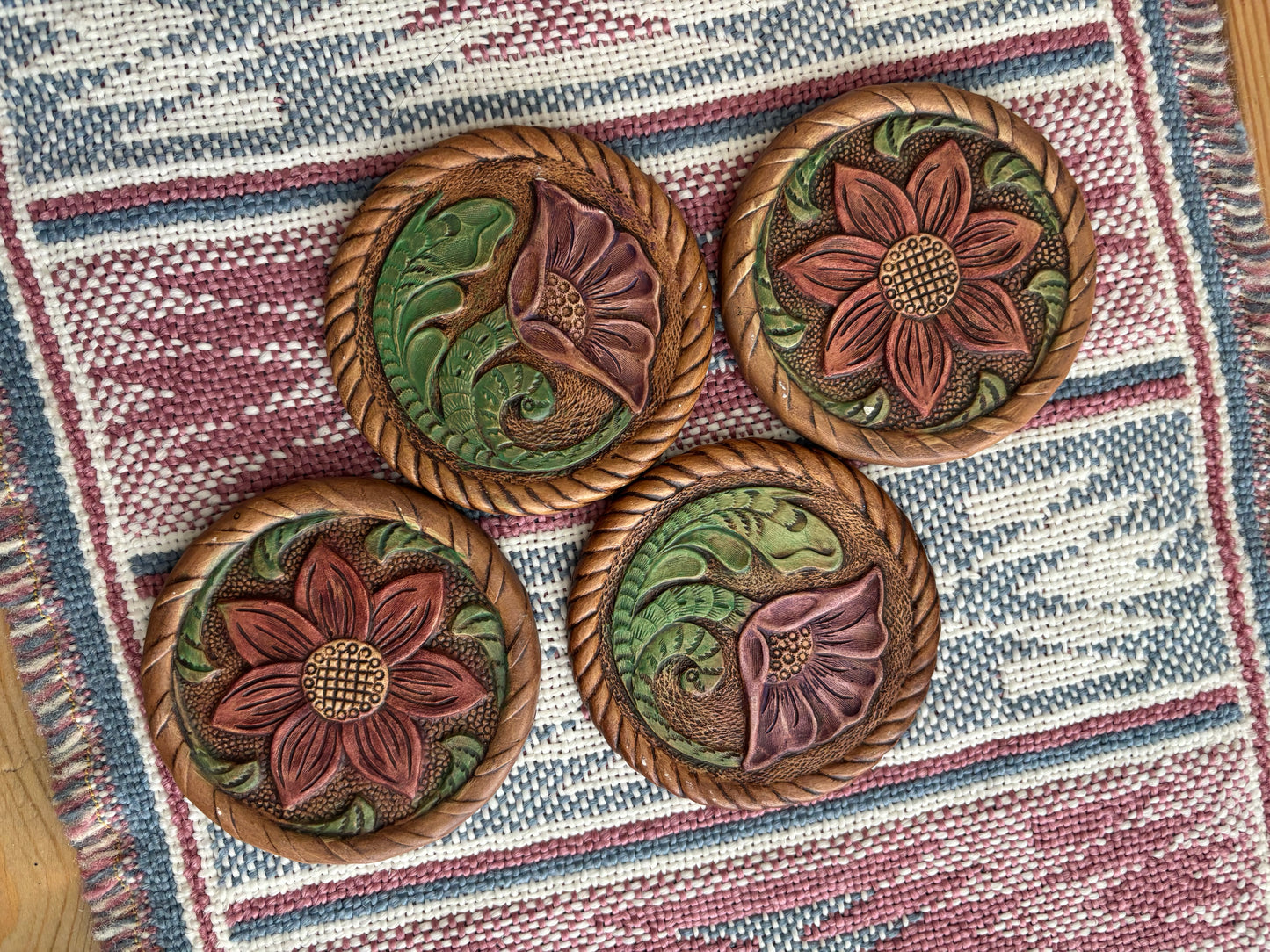 CERAMIC “LEATHER TOOLED” FLORAL COASTERS SET *VINTAGE*