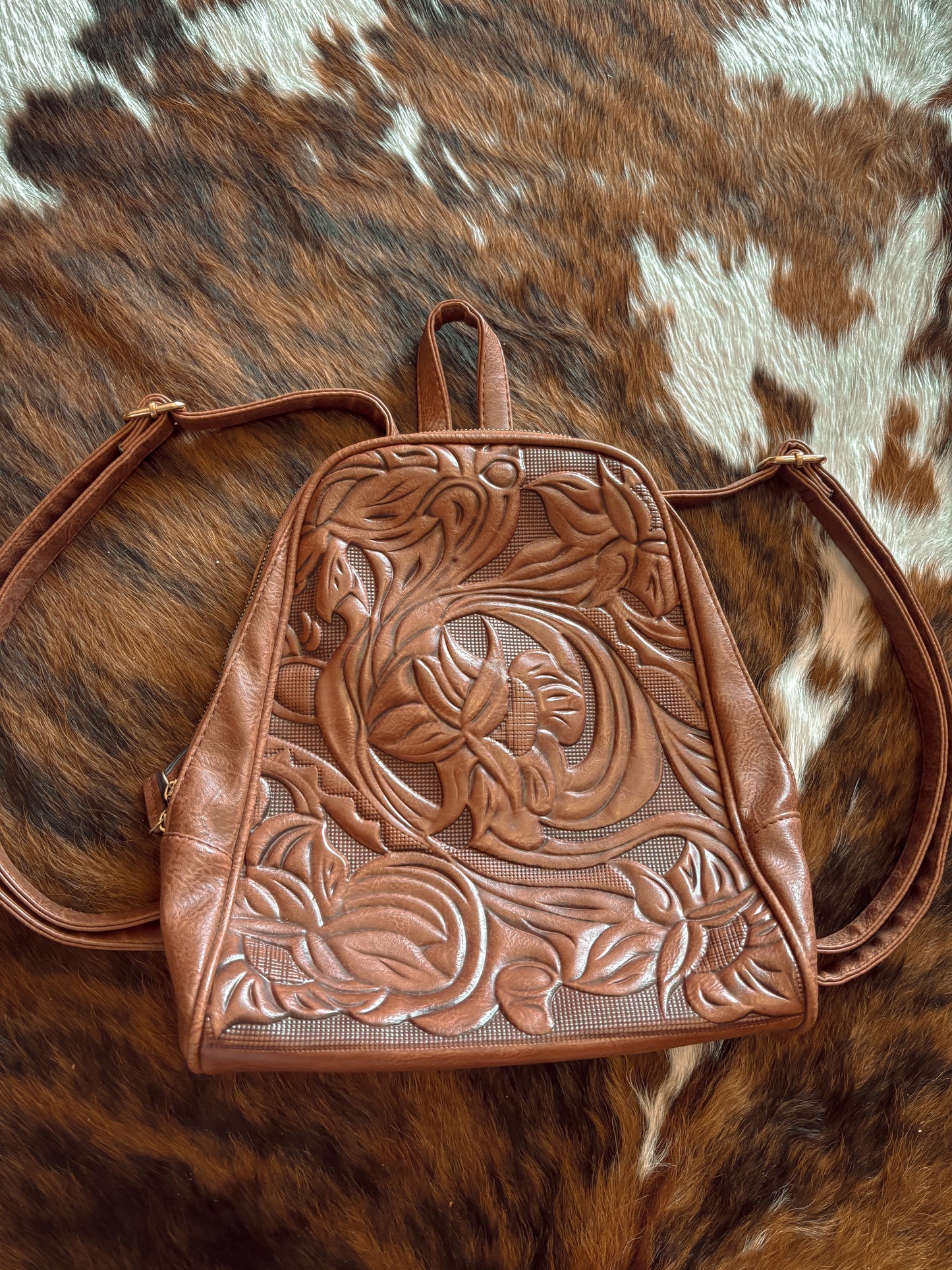 FAUX LEATHER TOOLED WESTERN MINI BACKPACK PURSE BAG