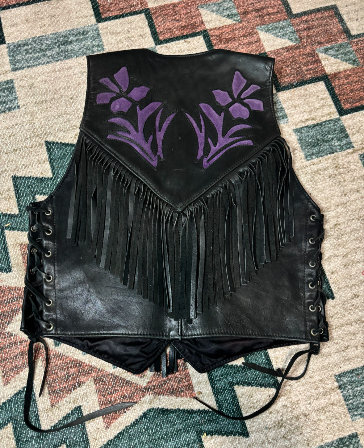 PURPLE FLOWERS FRINGE LEATHER VEST