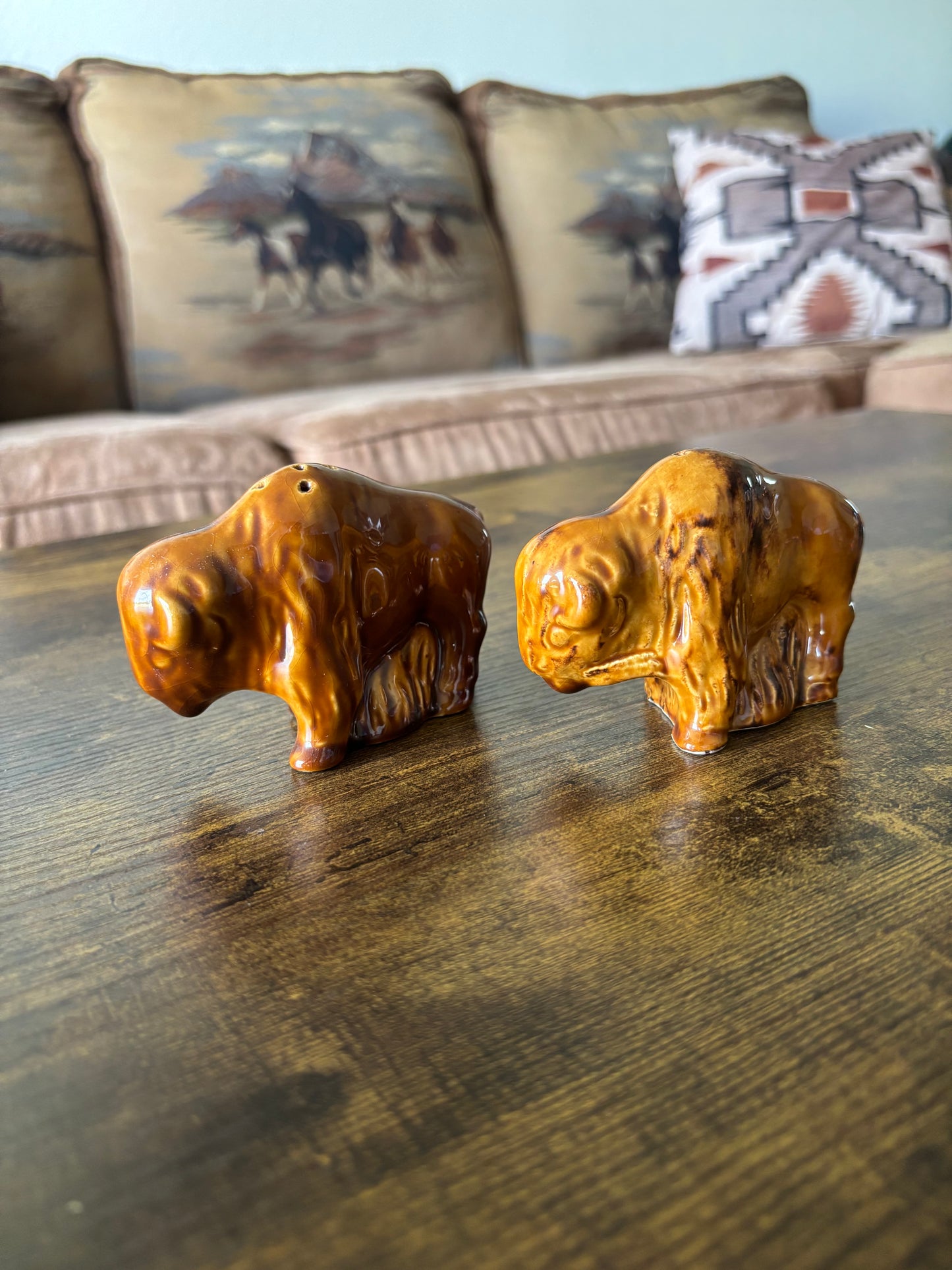 *VINTAGE* SOUTH DAKOTA SIGNED BISON BUFFALO SALT & PEPPER SHAKERS SET