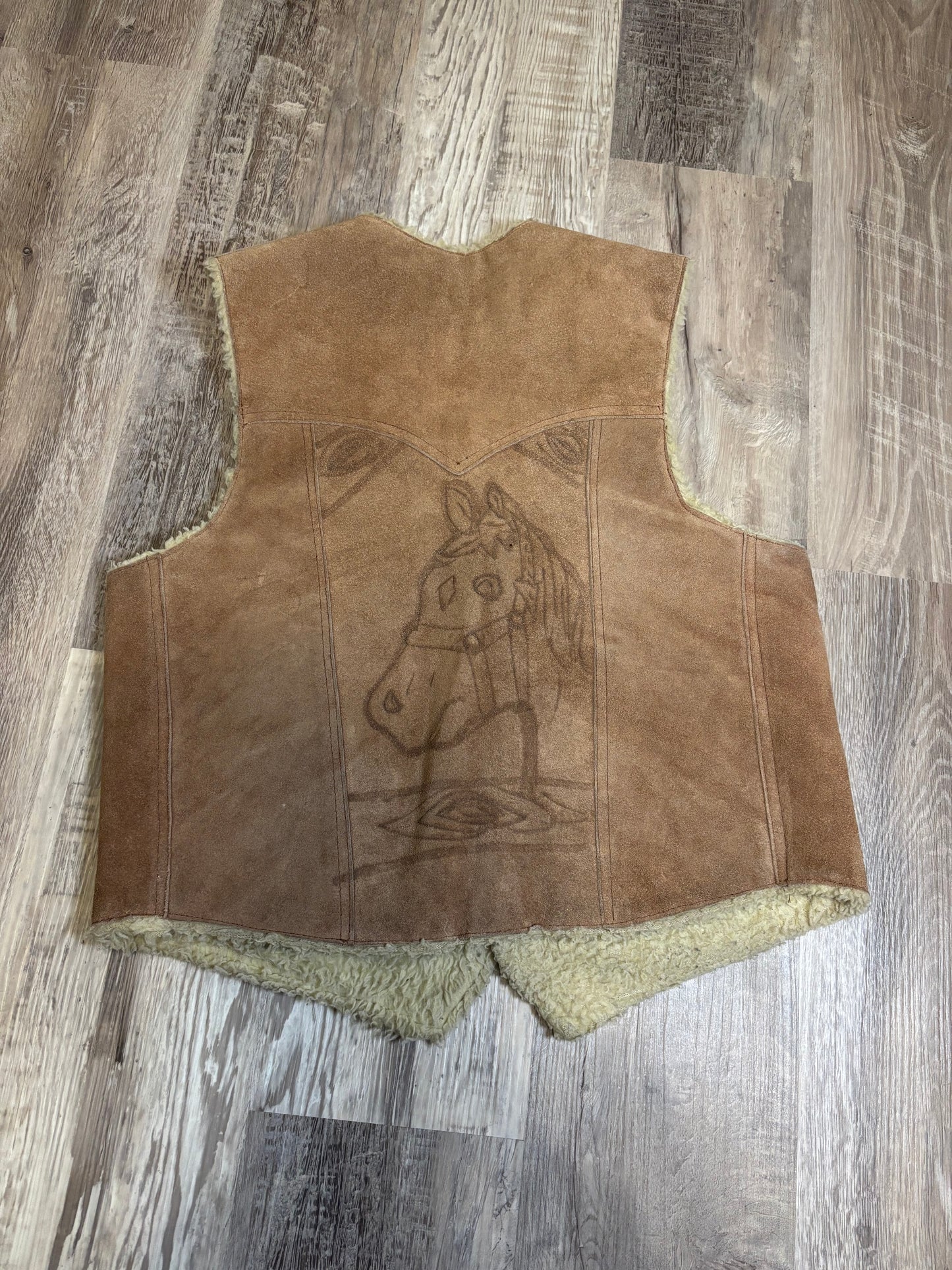 MEXICO HAND ETCHED LEATHER WOOL HORSE HORSESHOE VEST *VINTAGE*