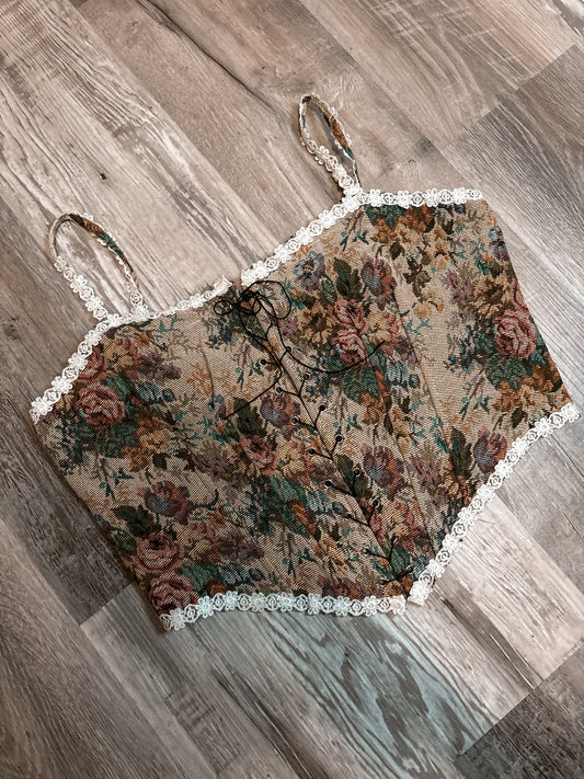 FLORAL TAPESTRY AND LACE CORSET TOP
