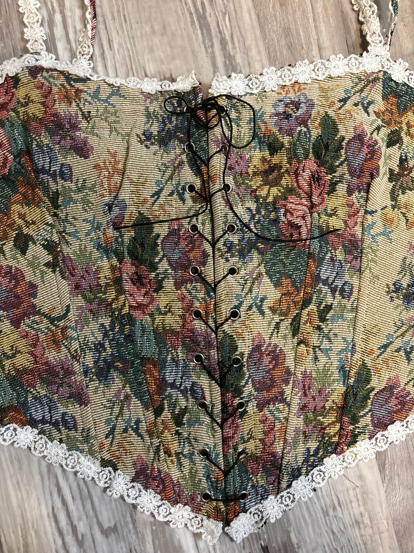FLORAL TAPESTRY AND LACE CORSET TOP