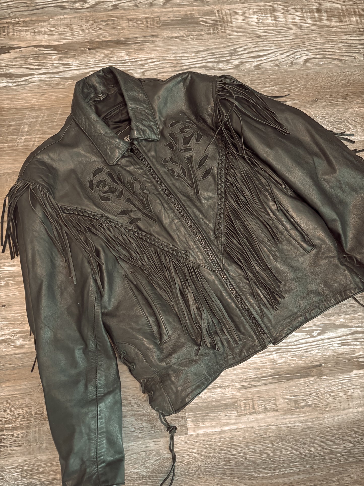 UNIK LEATHER FRINGE BLACK ROSE BIKER JACKET *VINTAGE*