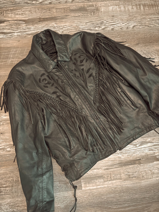 UNIK LEATHER FRINGE BLACK ROSE BIKER JACKET *VINTAGE*