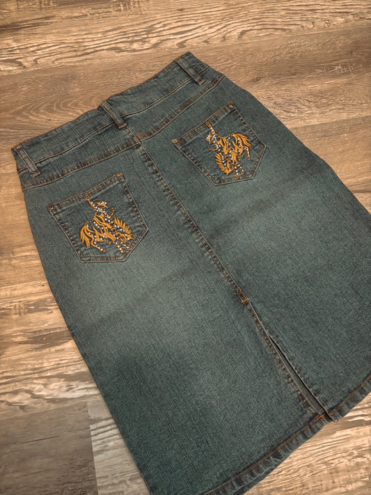 *DEADSTOCK* DENIM SKIRT RHINESTONE BRONC *VINTAGE*