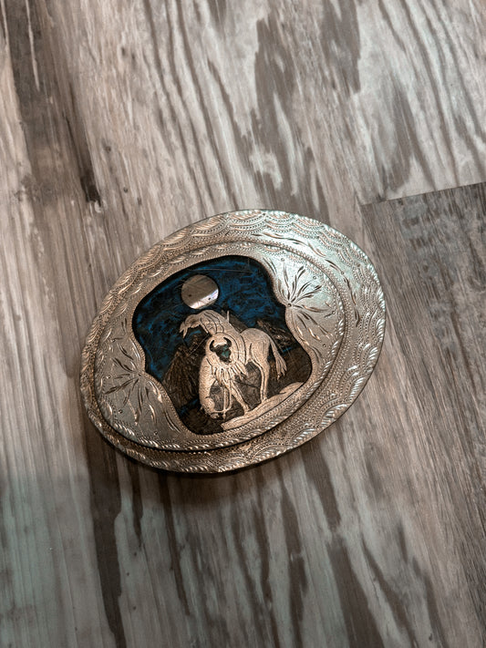END OF THE TRAIL INLAY BELT BUCKLE *VINTAGE*