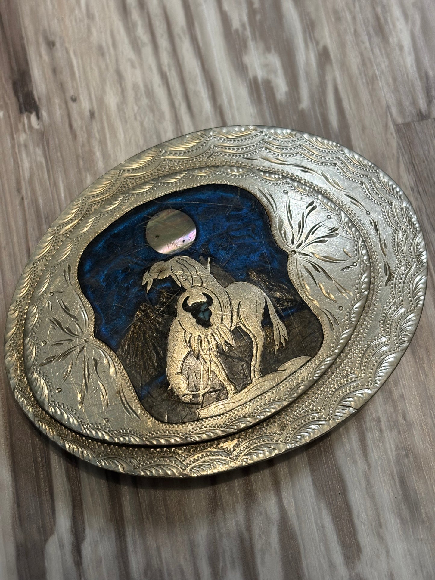 END OF THE TRAIL INLAY BELT BUCKLE *VINTAGE*