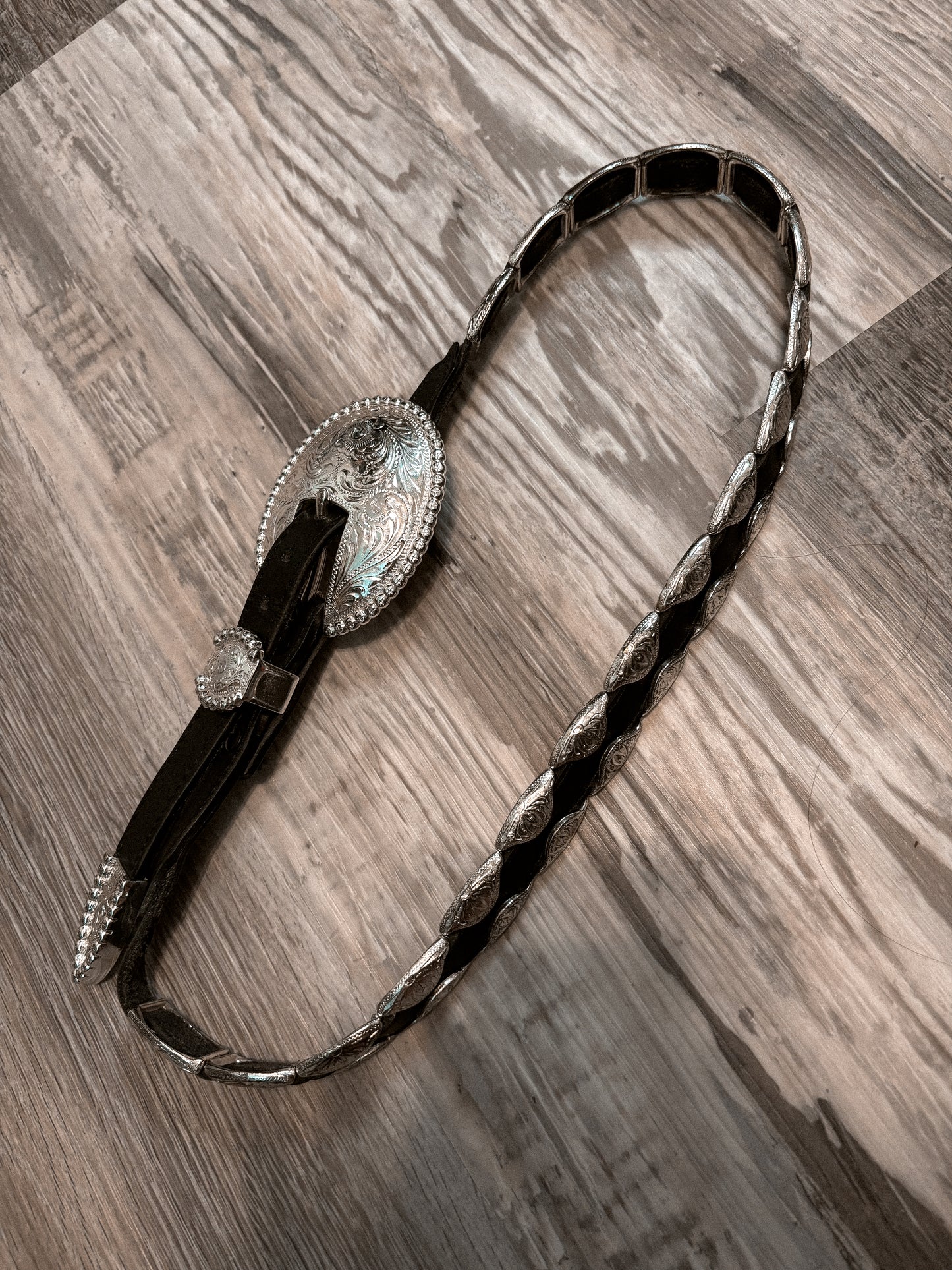 RARE TONY LAMA SILVER/BLACK LEATHER BELT *VINTAGE*