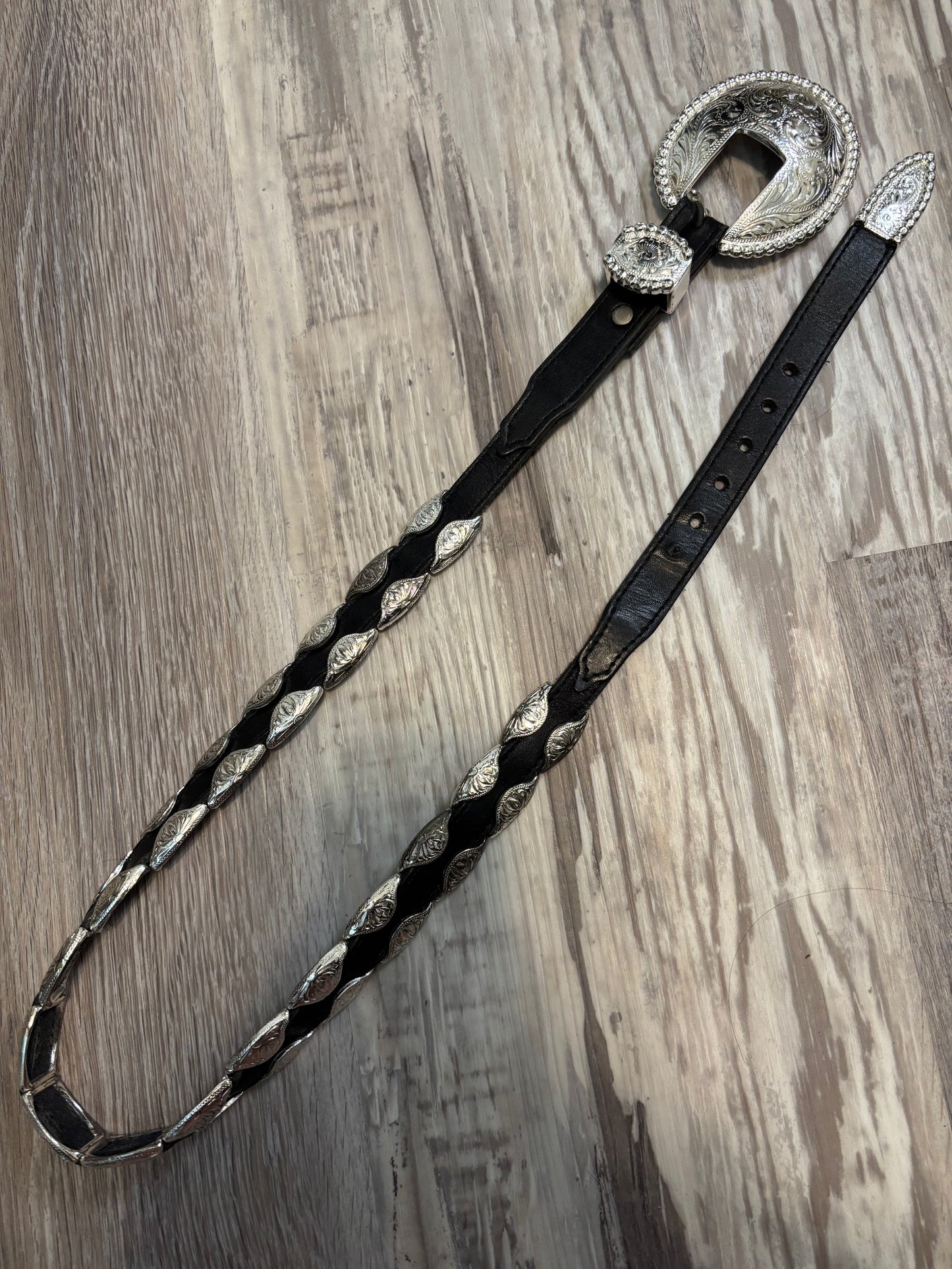 RARE TONY LAMA SILVER/BLACK LEATHER BELT *VINTAGE*