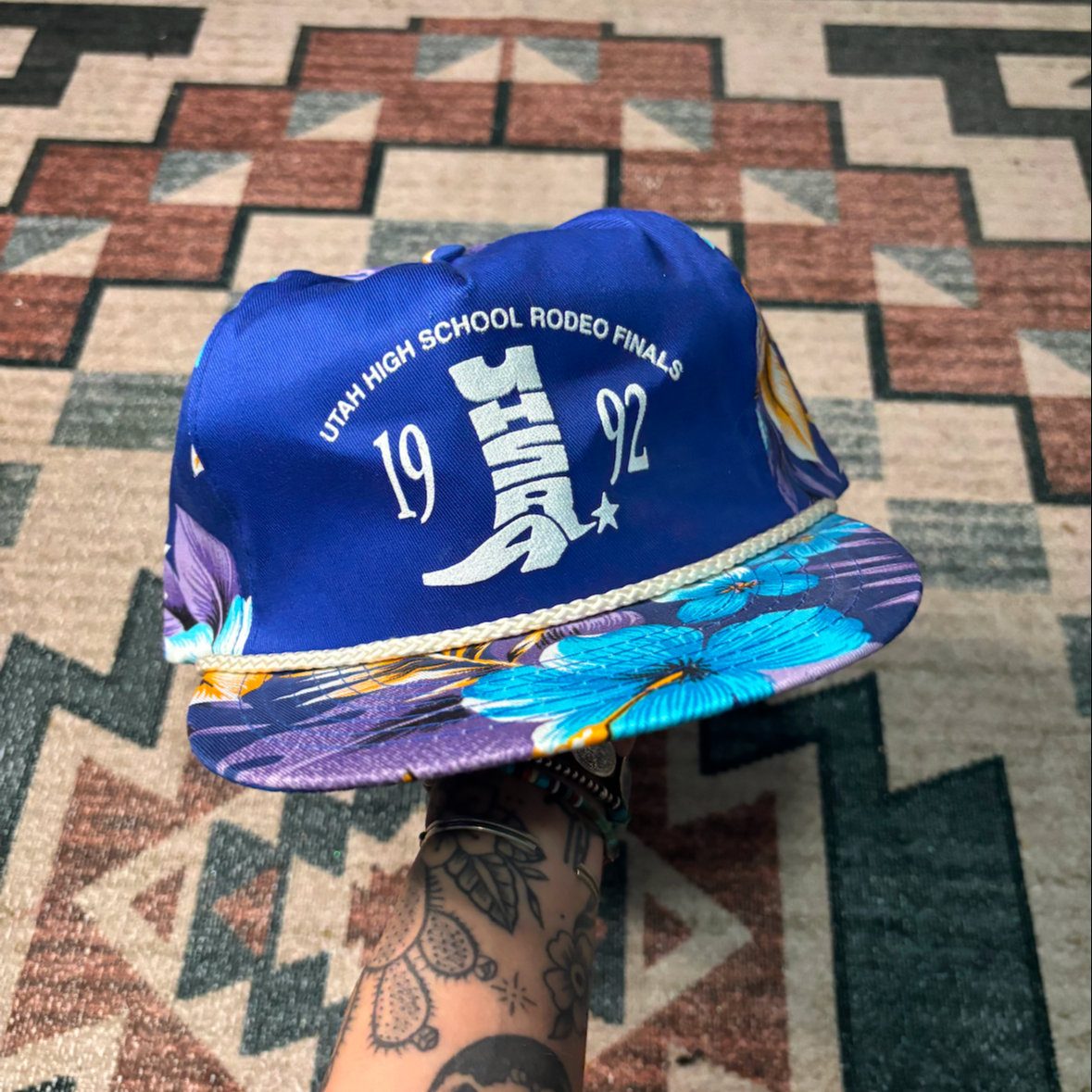 BLUE UHSRA 1992 RODEO FINALS TRUCKER SNAPBACK HAT *VINTAGE*